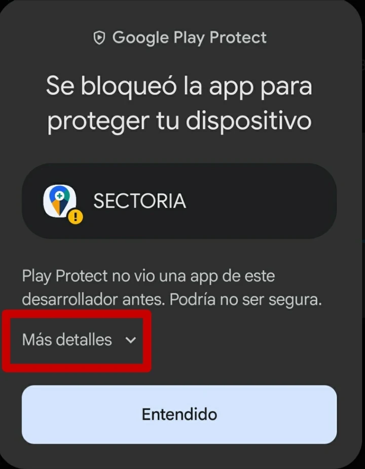 Aviso de Google Play Protect con la opción Más detalles resaltada